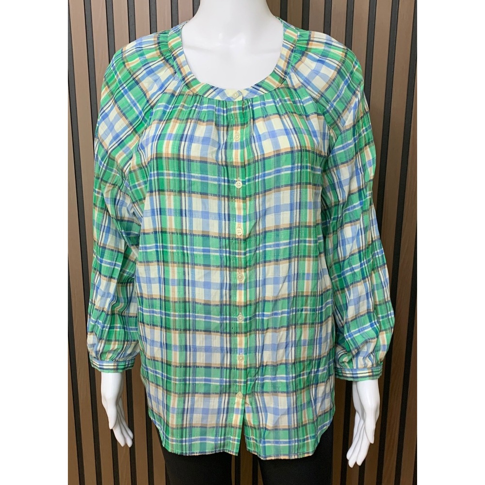 Ann Taylor Factory Plaid Button Front Blouse Green Blue L Scoop Neck Rayon Blend
